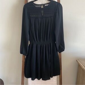 Avec Les Filles black pleated lace detailed long sleeve mini dress